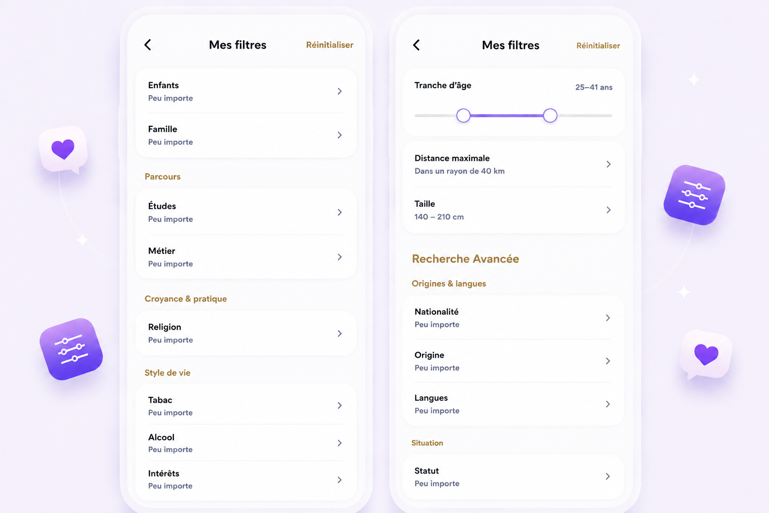 Aperçu des filtres de recherche avancés sur Free4Meet — âge, distance, religion, origines, langues et style de vie